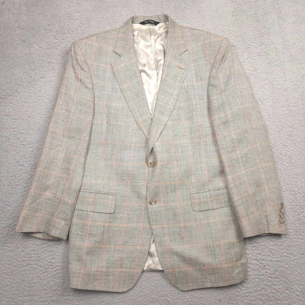 Jos A Bank Sport Coat Men 41R Wool Silk Linen Herringbone Windowpane Gray